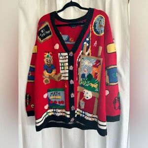Eagle’s Eye Vintage Knit Teacher Cardigan Sweater Novelty Print Cotton Blend 3X